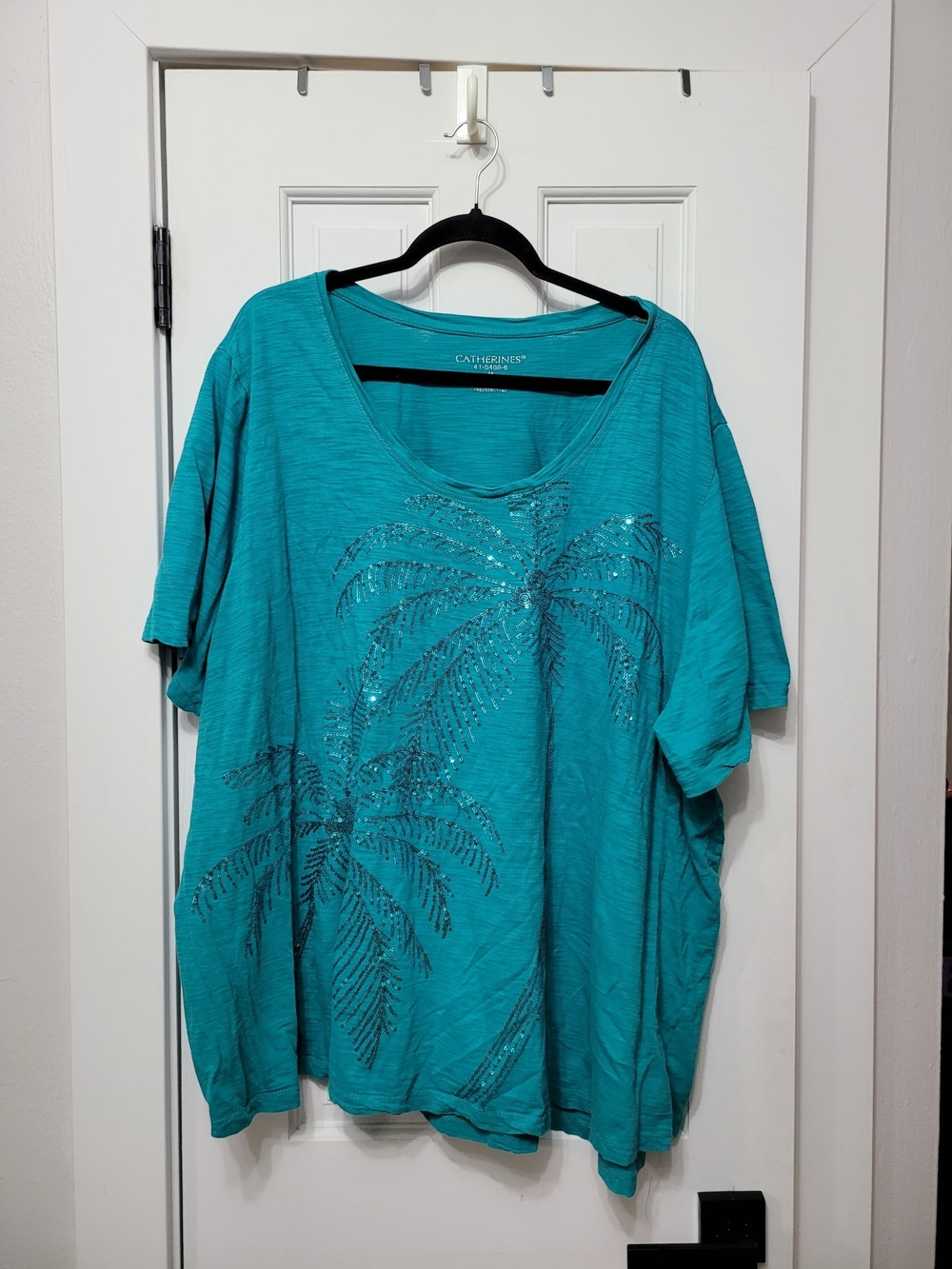 100% Cotton Catherines Teal Palm-Print Scoop Neck Tee